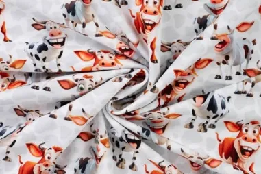 95% katoen, 5% elastan stoffen - Tricot stof - French Terry - digitaal koeien - wit - 60106-500