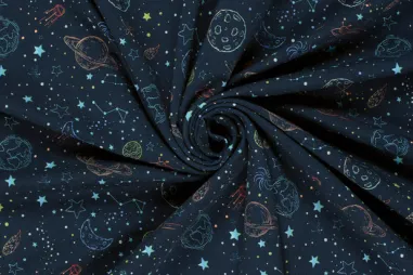 Planeten stoffen - Tricot stof - French Terry - digitaal ruimte - marine - 26/22405-008