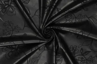 300gr/M² - Kunstleer stof - vegan leather washed - embroidery bloemen - zwart - 22251-998