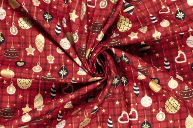 Stoffen kerst motief - Kerststof - katoen poplin - folie kerstballen - rood - 22701-015