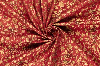 Weihnachtsbaumwollstoffe - Weihnachtsstoff – Baumwollpopeline – Folie mit verschiedenen Weihnachtsmotiven – rot – 22704-015
