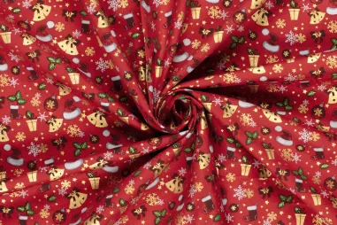 Nieuwe stoffen - Kerststof - katoen poplin - folie diverse kerstmotieven - rood - 22705-015