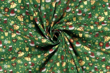 Decoratie en aankleding stoffen - Kerststof - katoen poplin - folie diverse kerstmotieven - groen - 22705-025