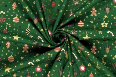 100% Baumwolle - Weihnachtsstoff – Baumwollpopeline – Folien-Weihnachtskugeln – grün – 22706-025