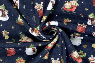 Kerst stoffen - Kerststof - sweattricot - sneeuwpop & diverse kerstmotieven - donkerblauw - 22715-008