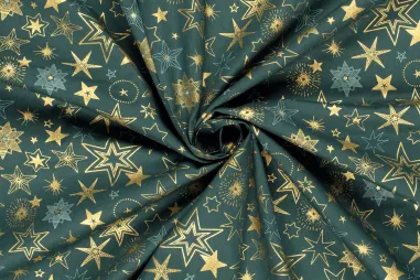 Kerst stoffen - Kerststof - katoen poplin - folie kerststerren - petrol - 22720-024