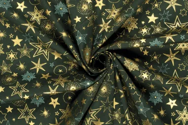 Donkergroene stoffen - Kerststof - katoen poplin - folie kerststerren - donkergroen - 22720-028