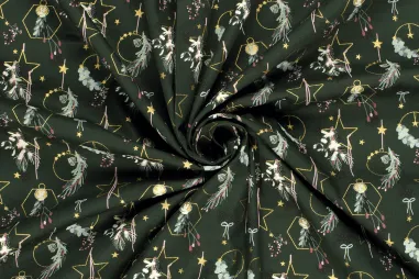 Stoffen kerst motief - Kerststof - katoen poplin - diverse kerstornamenten - donkergroen - 22721-028