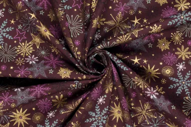 Decoratie en aankleding stoffen - Kerststof - katoen poplin - folie kerststerren - wijnrood - 22723-019