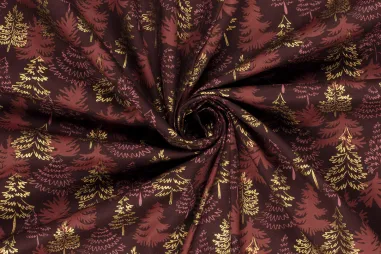 Wijnrode stoffen - Kerststof - katoen poplin - folie kerstbomen - wijnrood - 22728-018