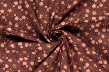 Decoratie en aankleding stoffen - Kerststof - katoen poplin - folie kerststerren en rozen - wijnrood - 22729-016