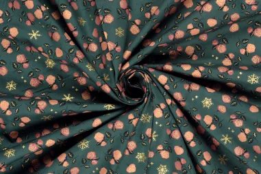 Kerst stoffen - Kerststof - katoen poplin - folie kerststerren en rozen - groen - 22729-027