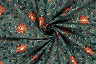 Decoratie en aankleding stoffen - Kerststof - katoen poplin - folie kerststerren & hulst - groen - 22732-027