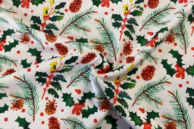 100% polyester stoffen - Kerststof - texture - hulst & dennenappels - wit - 6796-1