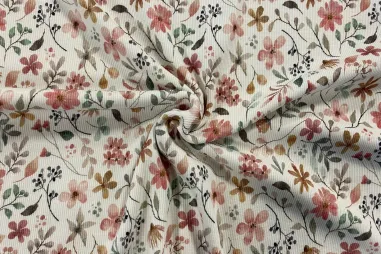 95% katoen, 5% elastan stoffen - Tricot stof - ribtricot - digitaal bloemen - gebroken wit - 23553-051