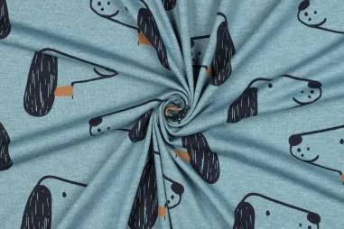 Oeko-Tex klasse 1 - Tricot stof - melange - honden - blauw - 6434-032