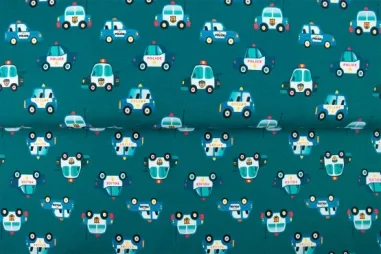 Voertuigen motief stoffen - Tricot stof - French Terry - digitaal politie - cyaan - 26518-99