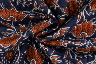 Quality - Doorgestikte stof - quilted katoen - 2-zijdig - bloemen - donkerblauw - 16031-360