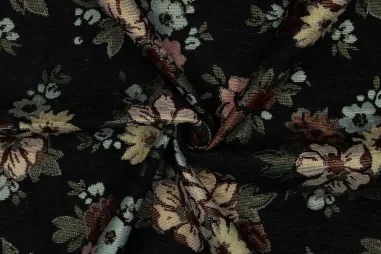 Gobelin stoffen - Polyester stof - gobelin chenille - bloemen - zwart - 3822-001