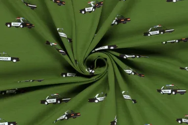 Stoffen uitverkoop - Tricot stof - politieauto's - groen - 21863-027
