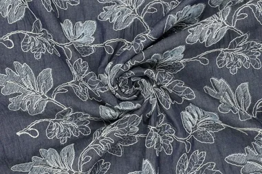 Badstof - dubbel gelust - donkerblauw - 2900-008 - Denim stof - embroidery - bladeren - blauw - 22658-691