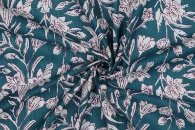 katoenen stoffen bloemen - Katoen stof - handcrafted block print - petrol - 6614-003