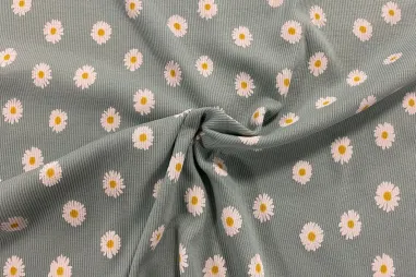 Witte tricot stoffen - Tricot stof - ribtricot - bloemetjes - dusty blauw - 23575-003