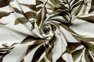 Gebroken witte stoffen - Viscose stof - poplin - bladeren - gebroken wit - 32/25088-027