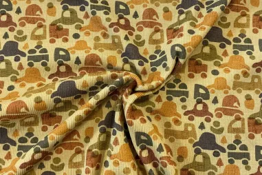 Badkleding stoffen - Tricot stof - ribtricot - digitaal auto's - donkerbeige multi - 26314-22