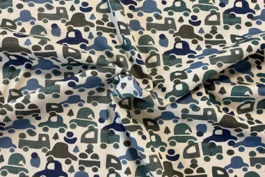 Winter stoffen - Tricot stof - ribtricot - digitaal auto's - gebroken wit blauw - 26314-02