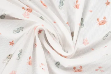 QJUTIE & the Qjutest, editie 3 - Tricot stof - ribtricot - zeedieren - gebroken wit - 3/59024-510