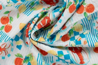 Witte stoffen - Katoen stof - seersucker - fruit & zeedieren - wit multi - 3/59023-950