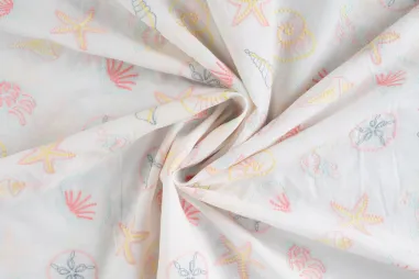 Zomer stoffen - Embroidery stof - katoen voile - schelpen - wit - 3/K48144-500