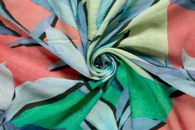 86% viscose, 14% polyamide stoffen - Viscose stof - nylonmix ottoman - bladeren - lichtblauw multi - 32/25089-002