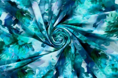 Nieuwe stoffen - Viscose stof - stretch - vortex - fantasie bloemen - petrol - 25302-024