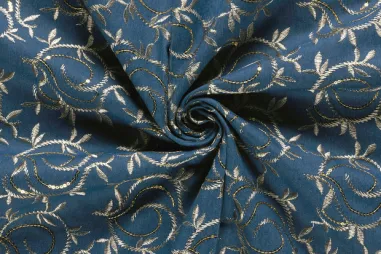 Jeans stoffen - Embroidery stof - denim lichte rek - bladeren - indigo - 32/25027-006