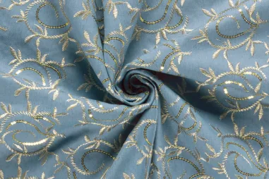 Bladeren motief - Embroidery stof - denim lichte rek - bladeren - lichtblauw - 25027-003