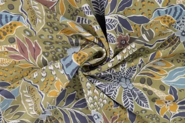 150gr/M² - Viscose stof - stretch - rayon slub - bloemen en bladeren - kaki - 19061-272