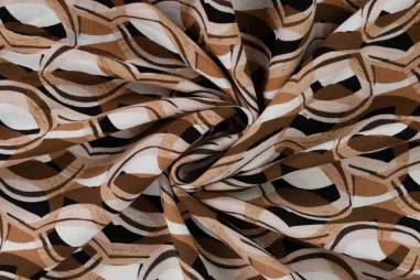 150gr/M² - Viscose stof - stretch - rayon slub - graphic cirkels - bruin - 19064-542