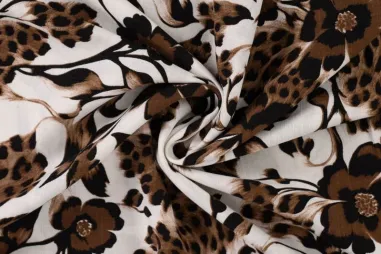 Wollen stof - Gekookte wol - roest - 4578-156 - Viscose stof - stretch - rayon slub - dierenprint bloemen - bruin - 19065-542