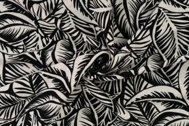 150gr/M² - Viscose stof - stretch - rayon slub - bladeren - zwart - 19066-690