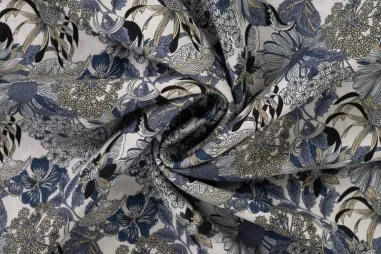 Linnen stof - recycled woven mixed linnen - blauw - 0823-630 - Tencel stof - digitaal bloemen - blauw - 19076-940