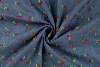 Blauwe stoffen - Embroidery stof - denim chambray - kersen - blauw - K48042-960