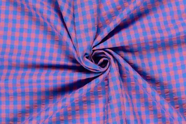 Geruite stoffen - Geruite stof - poplin seersucker - kobalt/roze - 25003-005