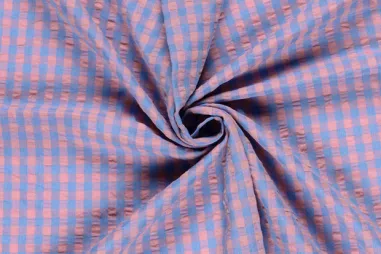Geruite stoffen - Geruite stof - poplin seersucker - indigo/roze - 25003-006