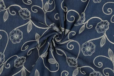 Dunkelblau - Embroidery stof - denim - bloemen - donkerblauw - 3872-001