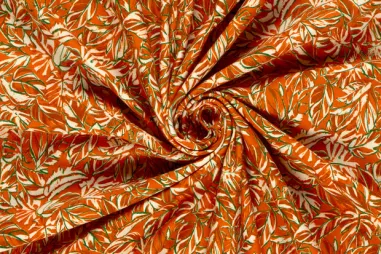 92% katoen, 8% elastan stoffen - Tricot stof - French Terry - bladeren - oranje - 24522-036