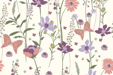katoenen stoffen bloemen - Katoen stof - poplin - bloemetjes en vlinders - gebroken wit - 25613-051