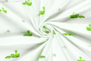 Kinderprint stoffen - Tricot stof - krokodillen en kikkers - gebroken wit - 25712-051