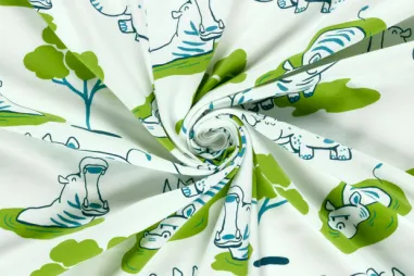 Kinderdruck - Tricot stof - neushoorns en nijlpaarden - gebroken wit - 25719-051